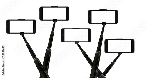 five selfie sticks with modern mobile phones