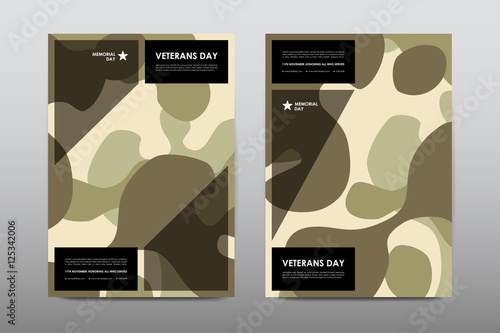 Set of Veterans Day brochure, poster templates in khaki style. Beautiful design and layout
