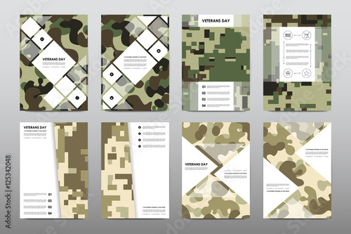 Set of Veterans Day brochure, poster templates in khaki style. Beautiful design and layout