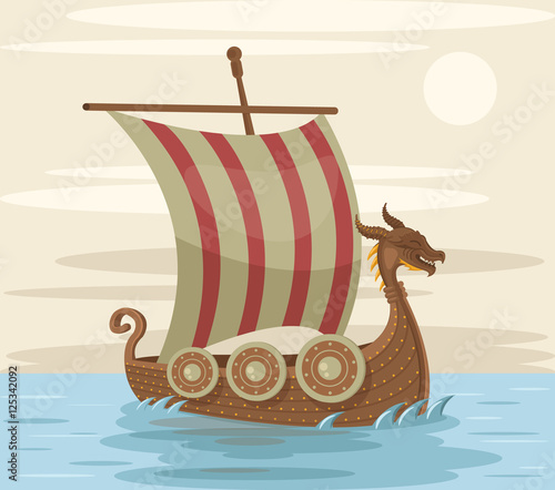 Viking ship. Vector flat cartoon illustration
