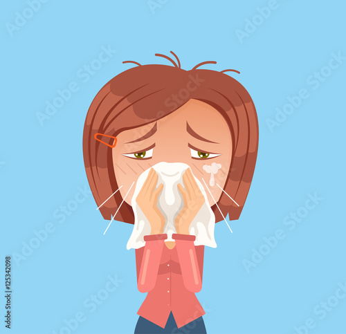 Allergy woman character sneeze. Vector flat cartoon illustration