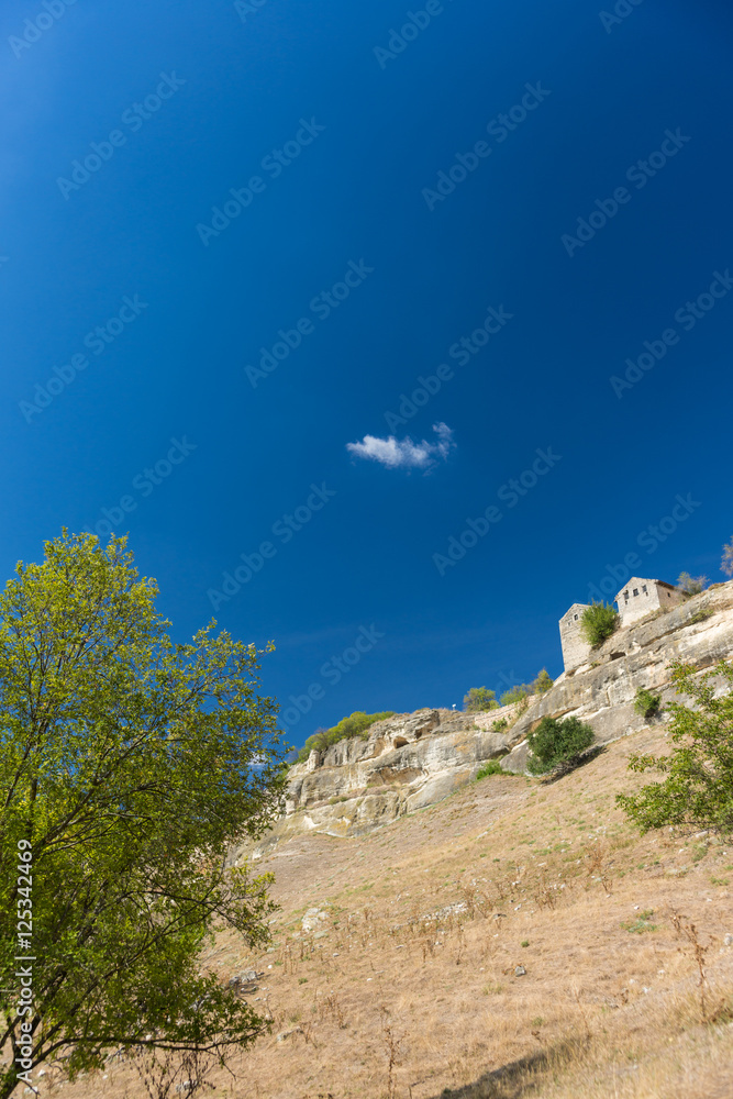 Bottom view of the medieval Karaite kenesa of the city-fortress Chufut-Kale. Bakhchysaray, Crimea