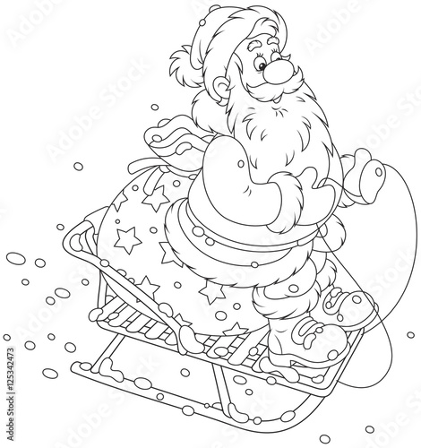 Santa Claus with his bag of Christmas gifts sledding down the snow hill