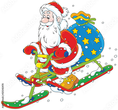 Santa Claus with his bag of Christmas gifts sliding down the snow hill on a snow-scooter