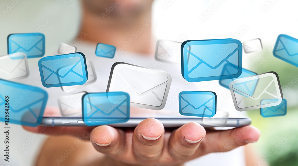 Businessman sending emails with phone ‘3D rendering’ Businessman sending emails with phone ‘3D rendering’