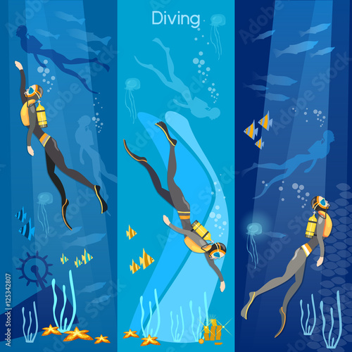 Diving banner underwater people diver silhouettes