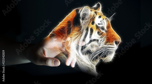 Fototapeta Naklejka Na Ścianę i Meble -  Person touching fractal endangered tinger illustration 3D render