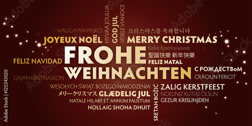 goldbraune Weihnachtskarte Frohe Weihnachten übersetzt in viele Sprachen