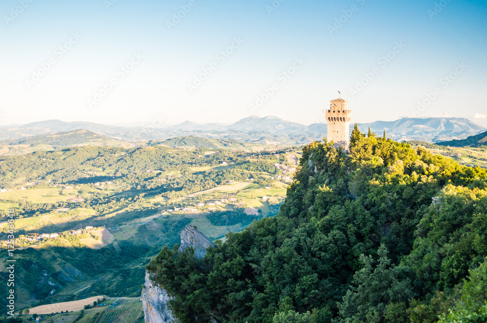 Rocca della Guaita, the most ancient fortress of San Marino in the sunset time