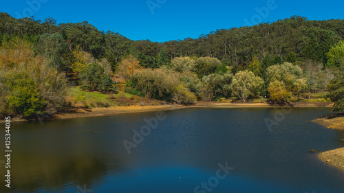 the lake is surrounded by forest with colorful leaves and the sky is blue
