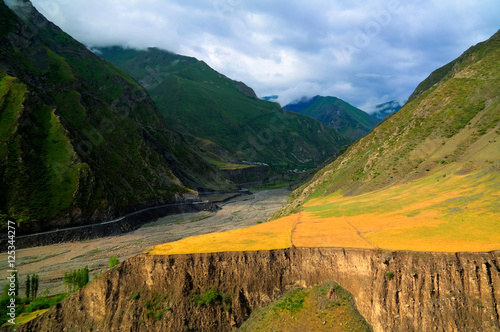 Fototapeta Naklejka Na Ścianę i Meble -  Panorama of Akhtychay river and valley, Midjakh Akhty, Dagestan Russia