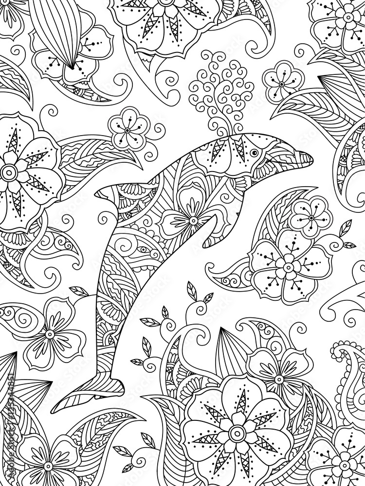 Obraz premium Coloring page with one jumping dolphin on floral background.