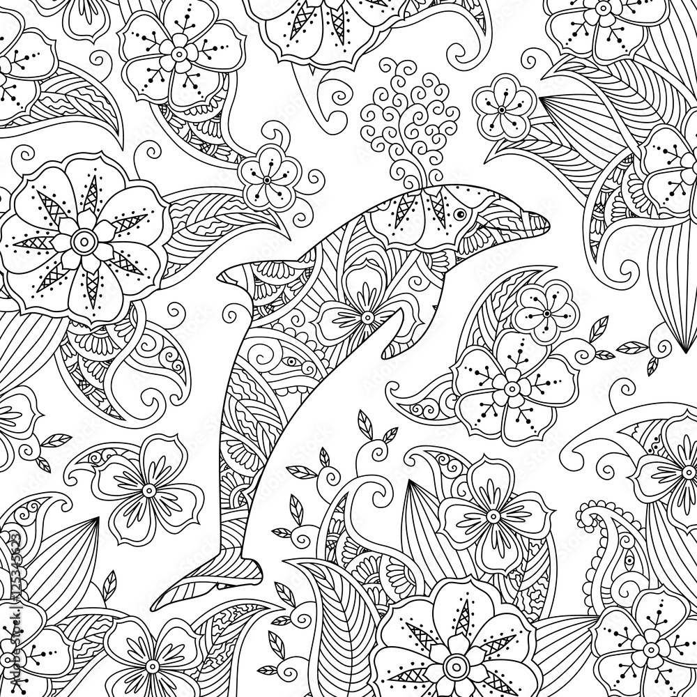 Obraz premium Kolorowanka z jednym skaczącym delfinem na tle kwiatów.