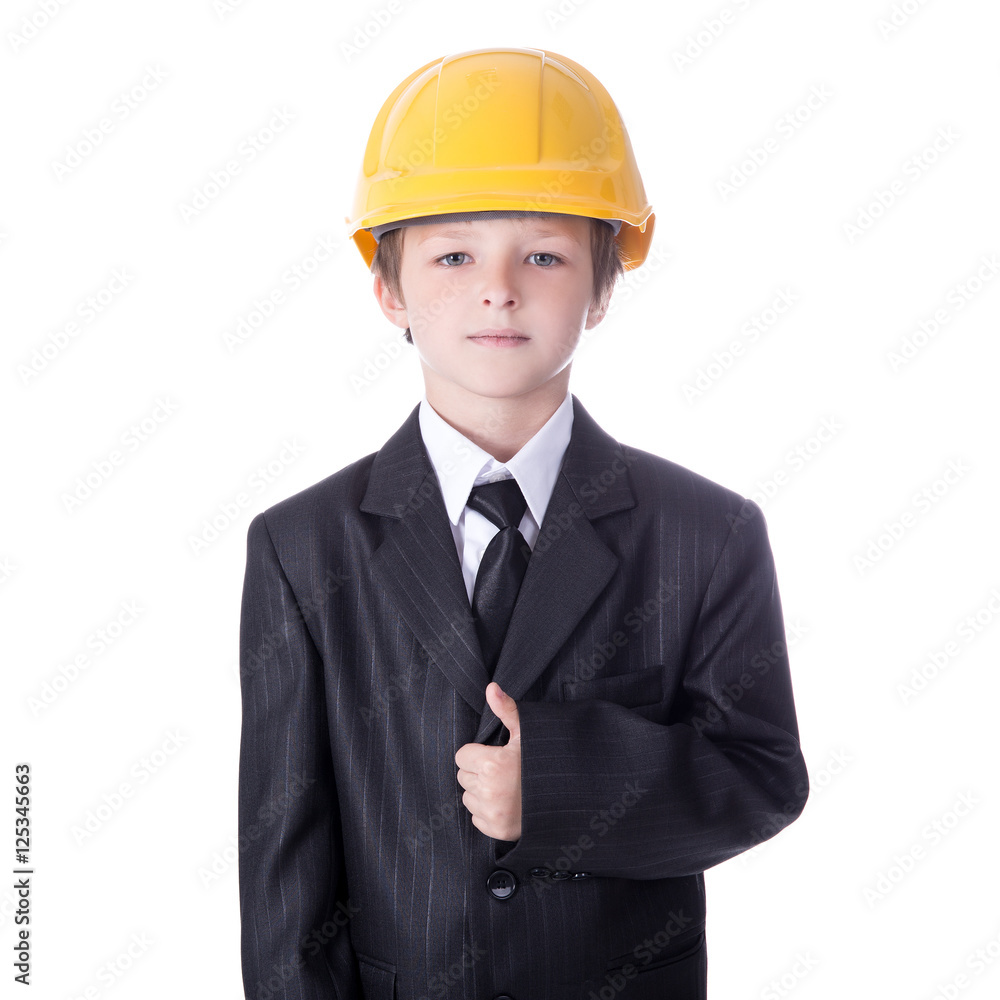 portrait of little boy in business suit and builder's helmet iso portrait of little boy in business suit and builder's helmet iso
