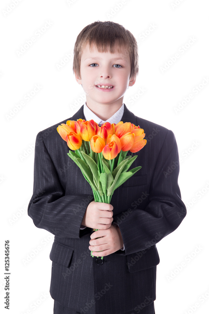 little boy in business suit with flowers isolated on white little boy in business suit with flowers isolated on white