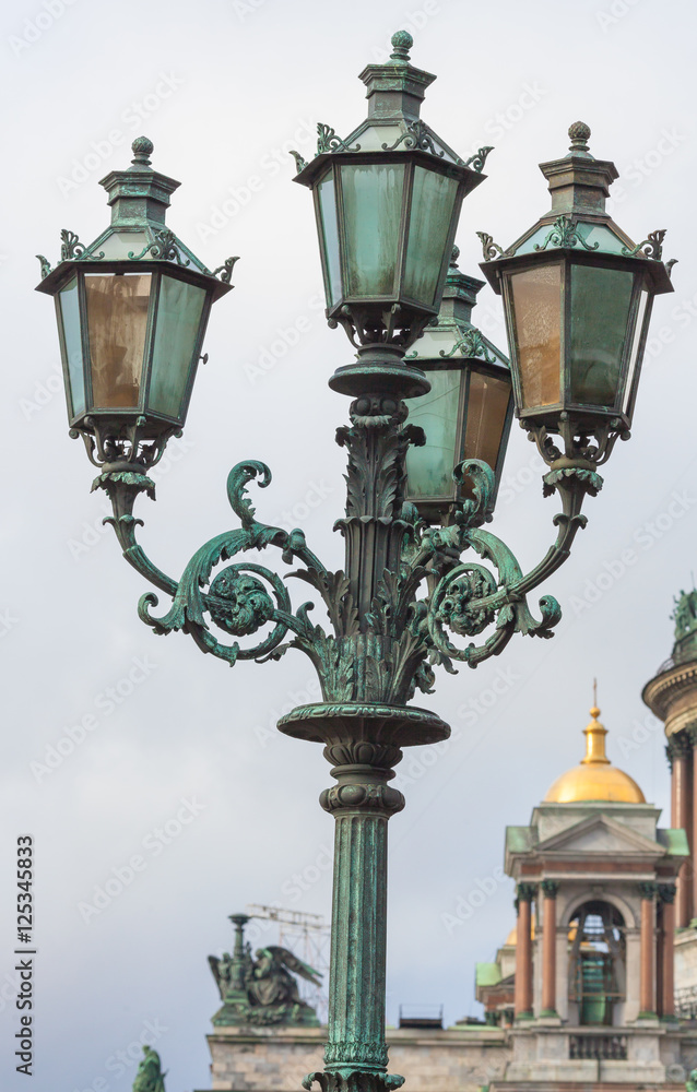 Lantern near monument to Nicholas I in Saint Petersburg, Russia architect Montferrand 1856