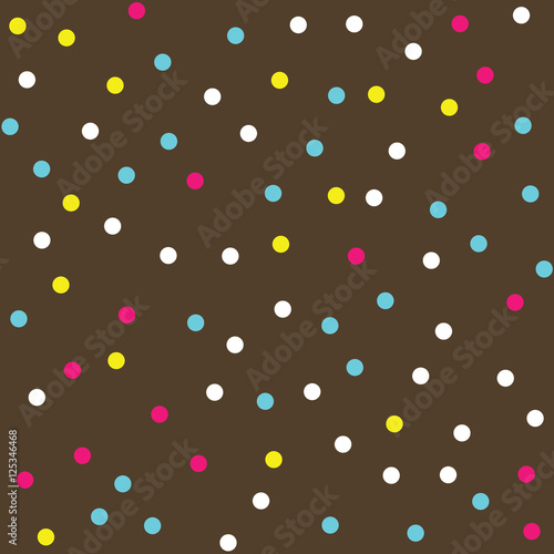 Donut glaze seamless pattern. Cream texture with sprinkle topping of colorful dots on chocolate background. Food bakery decoration. Vector eps8 illustration.