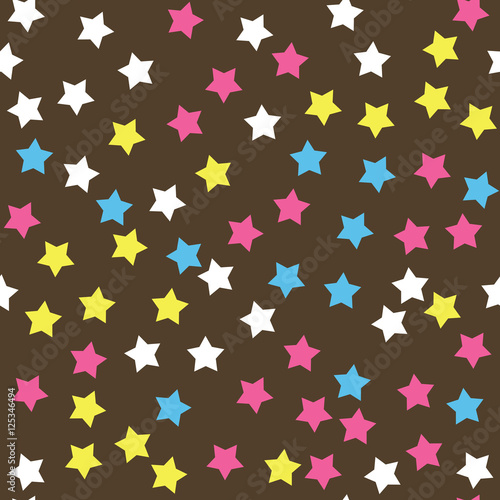 Donut glaze seamless pattern. Cream texture with sprinkle topping of colorful stars on chocolate background. Food bakery decoration. Vector eps8 illustration.