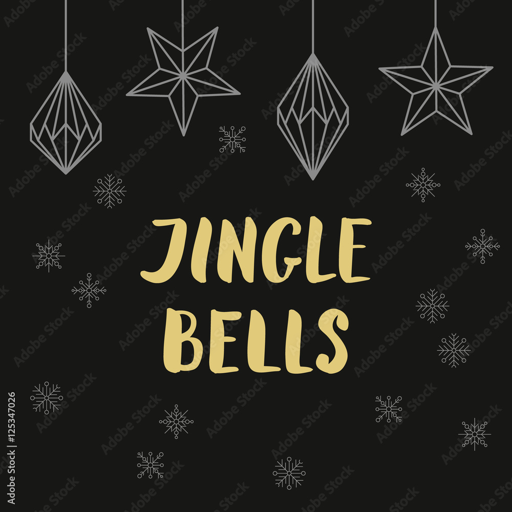 Golden lettering Jingle bells with christmas decorations and snowflakes on black