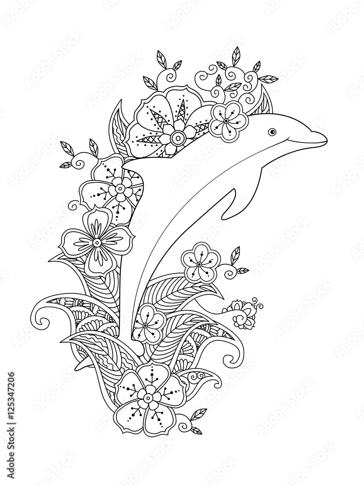Obraz premium Coloring page with one jumping dolphin on floral waves.