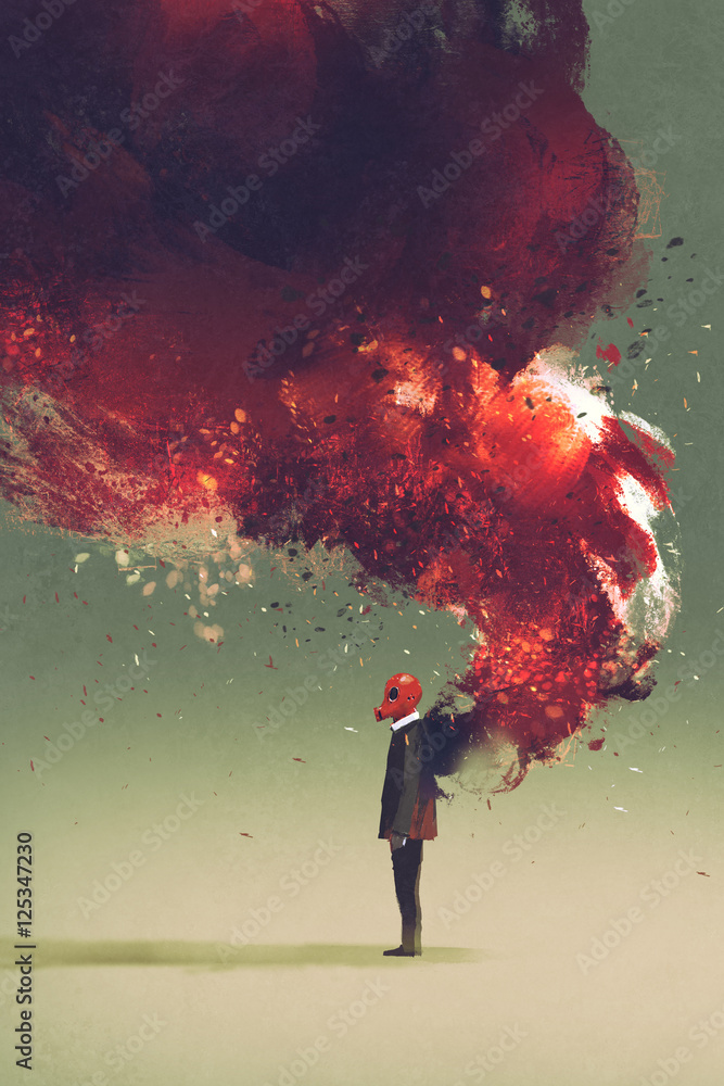 Fototapeta premium gas mask man standing with fire flame and smoke on his back,illustration painting