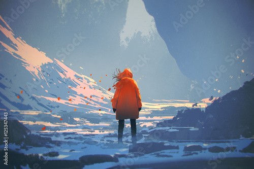 rear view of woman with orange warm jacket standing in winter landscape,illustration painting