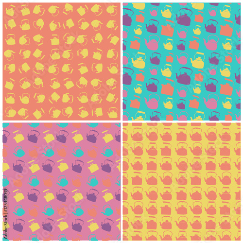 Set of seamless Colorful Pattern with Kettle. Vector background with different teapots. Endless kitchen texture. 91