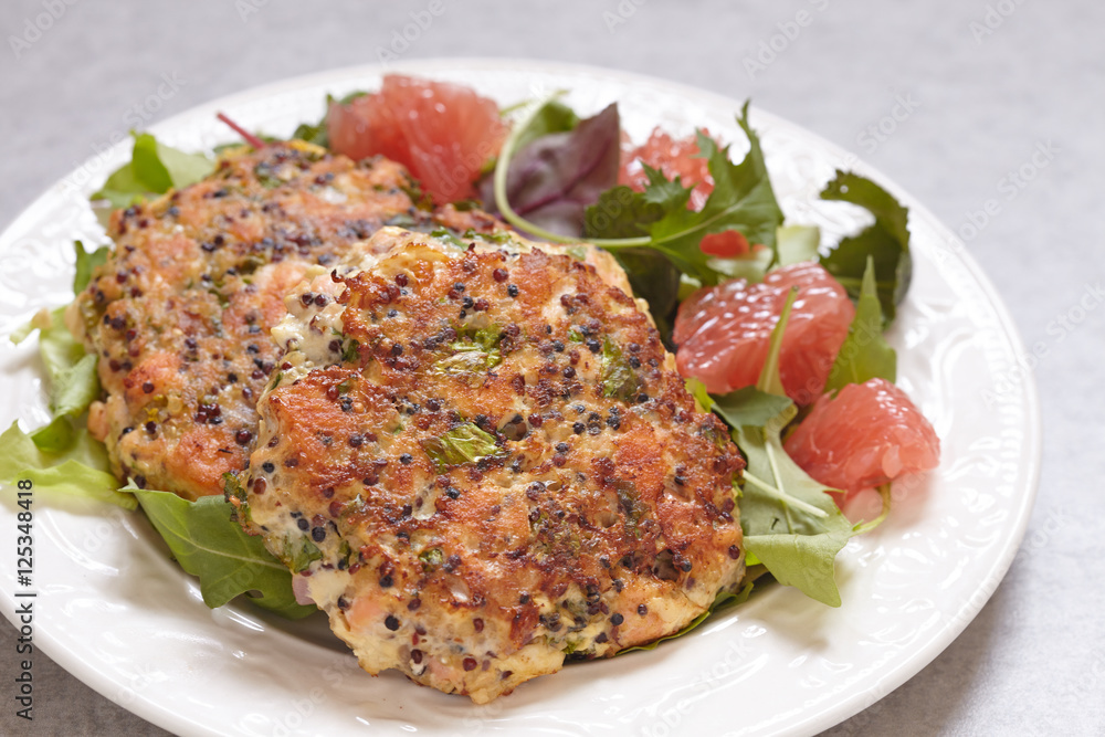 Healthy salmon quinoa kale burger