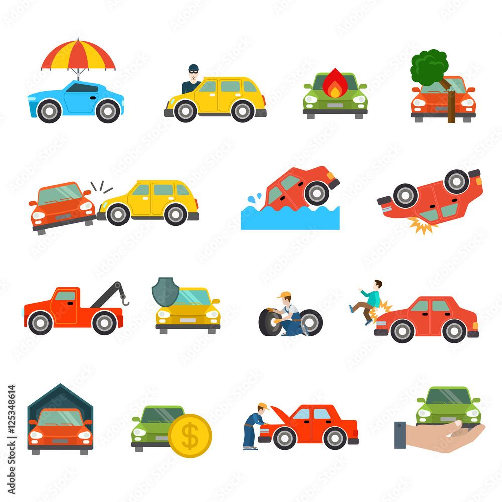 Flat car crash steal male burn sinking vector Insurance cases Flat car crash steal male burn sinking vector Insurance cases