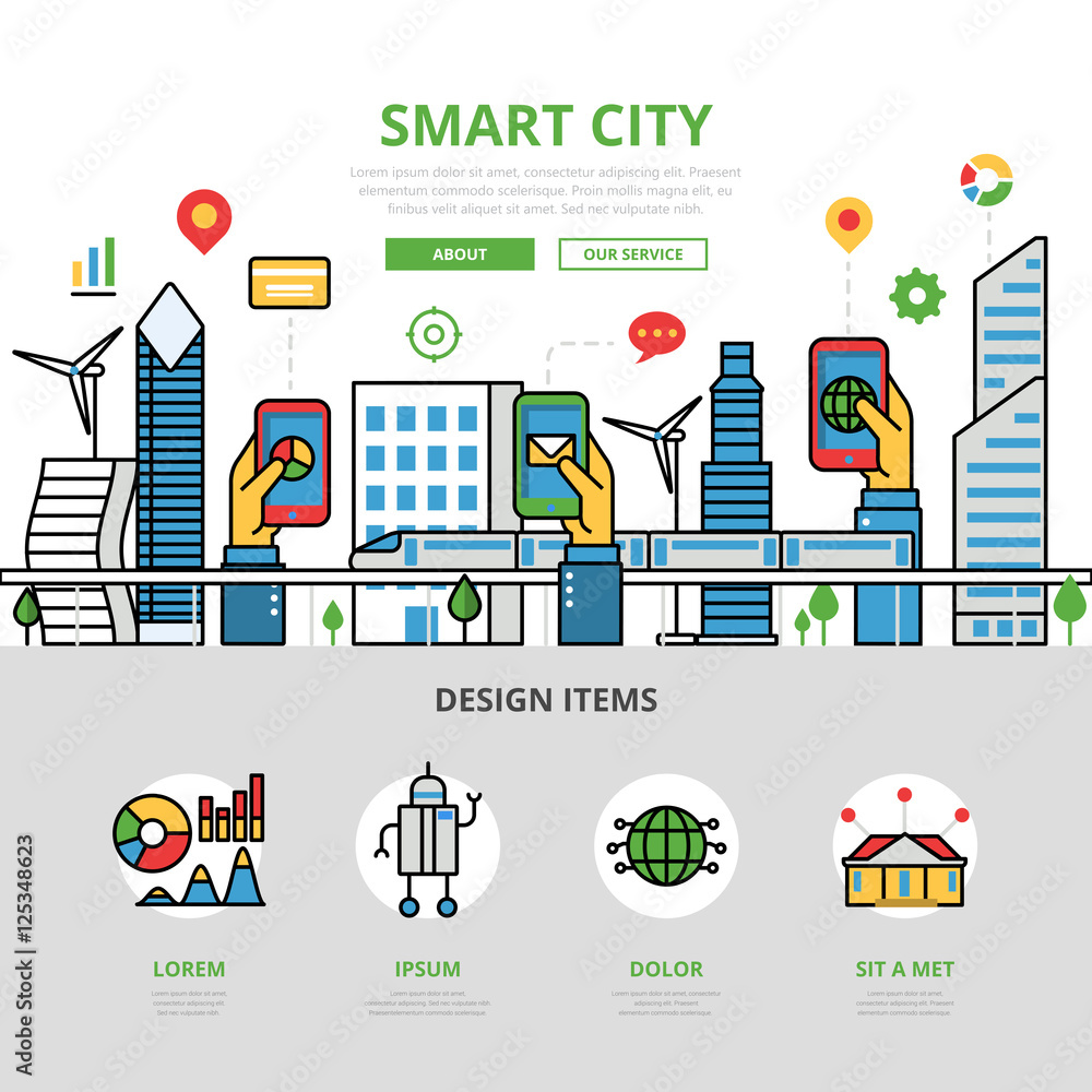 Linear flat Smart city app infographic vector Mobile application