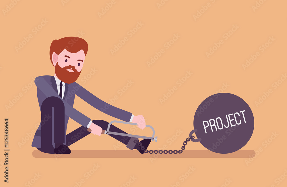 Businessman chained with a giant metall weight with a title Project trying to escape, sawing. Cartoon vector flat-style concept illustration Businessman chained with a giant metall weight with a title Project trying to escape, sawing. Cartoon vector flat-style concept illustration