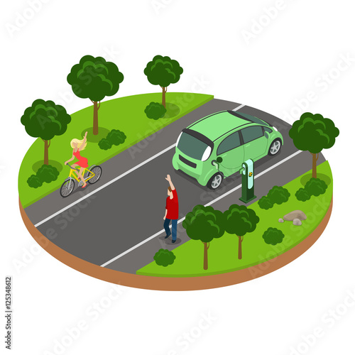 Flat isometric Man woman road bicycle vector 3d Eco transport