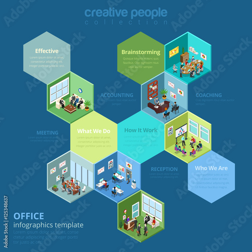 Flat isometric office interior vector. Cell business company. 3d