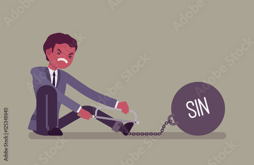 Businessman chained with a giant metall weight with a title Sin trying to escape, sawing. Cartoon vector flat-style concept illustration