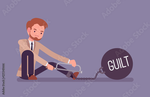 Businessman chained with a giant metall weight with a title Guilt trying to escape, sawing. Cartoon vector flat-style concept illustration