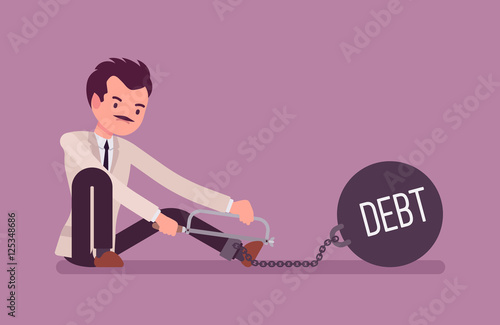 Businessman chained with a giant metall weight with a title Debt trying to escape, sawing. Cartoon vector flat-style concept illustration