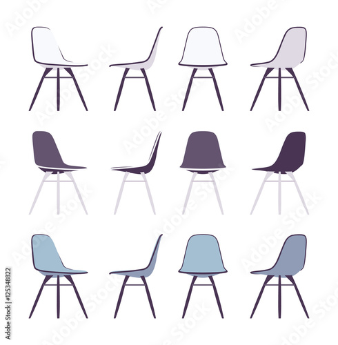 Set of chairs shown from different positions, different not bright colours. Cartoon vector flat-style illustration