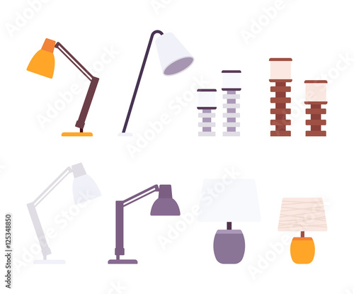 Set of desk lamps, isolated against white background. Cartoon vector flat-style illustration