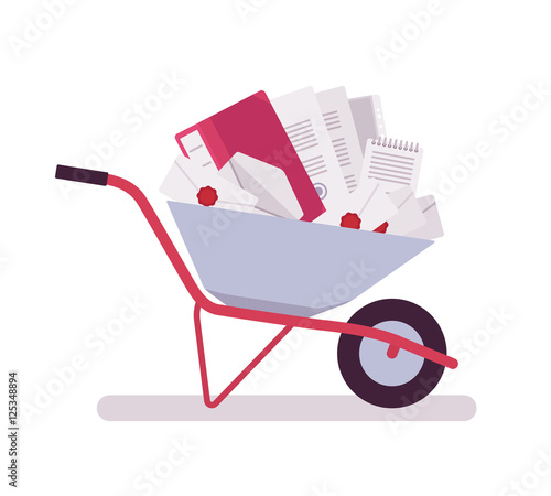 Wheelbarrow full of papers, folders, letters, documents, files. Cartoon vector flat-style illustration