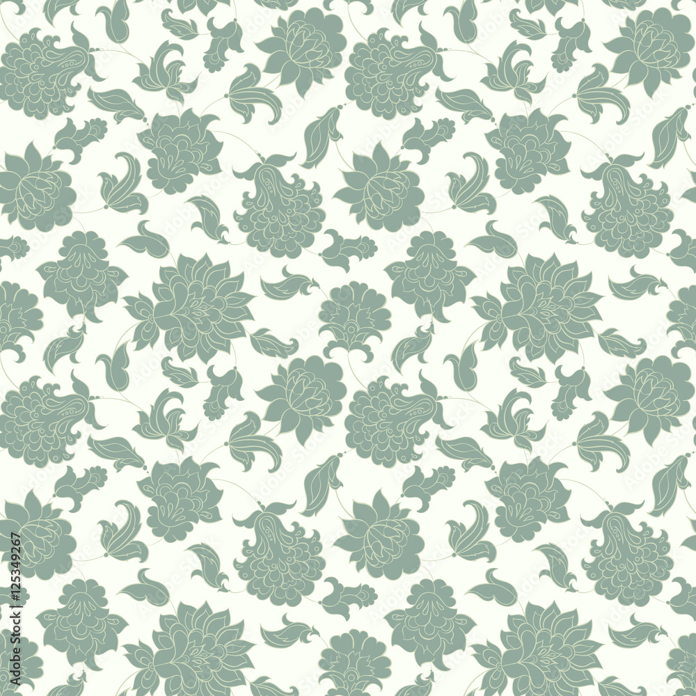 elegance seamless pattern with ethnic flowers, vector floral illustration in vintage style