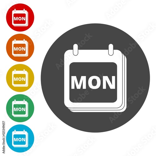A wall calendar with the word Monday. Flat colorful buttons for Monday (calendar icon) 