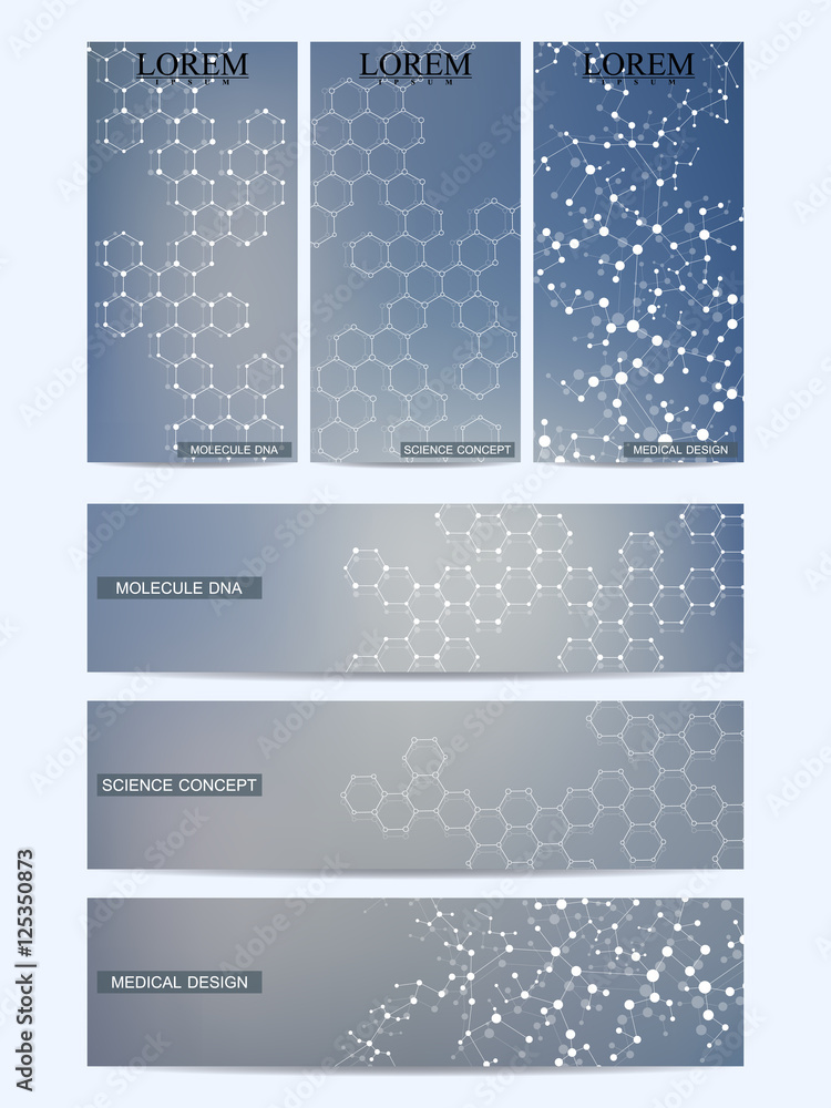 Set of modern scientific banners. Molecule structure DNA and neurons. Abstract background. Medicine, science, technology. Vector illustration for your design. Set of modern scientific banners. Molecule structure DNA and neurons. Abstract background. Medicine, science, technology. Vector illustration for your design.