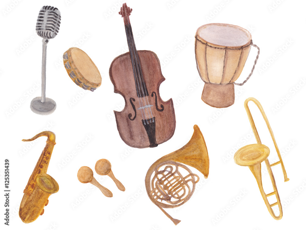 WAtercolor painting musical instruments set: violin, microphone, drum,  horn, saxophone ilustración de Stock | Adobe Stock