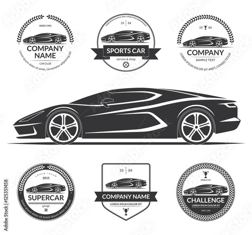 Sports car, super car silhouette with the set of car service labels, emblems, logotypes. Black vector illustration isolated on white background