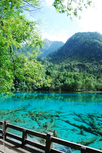 Colorful Pool Juzhaigou National Park Sichuan landscape and Bridge, China © ejajuga