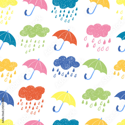 Colorful rainy seamless pattern. Vector rain background with doodle clouds and umbrellas.