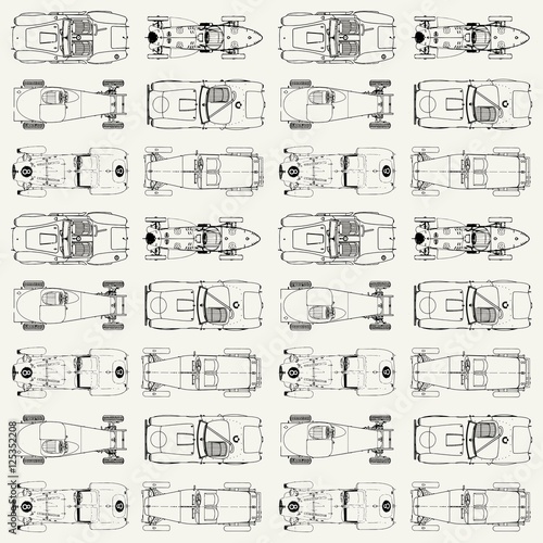 Seamless pattern , vintage sports racing cars. View from above.