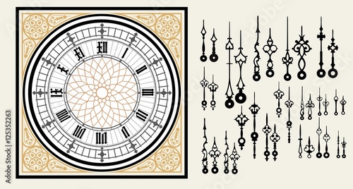 Vintage Clock dial with set hands in the Victorian style. Vector editable template