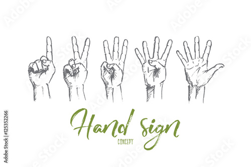 Vector hand drawn hand sign concept sketch. Human fingers showing numbers from one to five. Lettering Hand sign concept