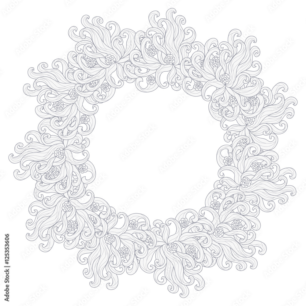 Hand drawn fancy floral ornament round frame, isolated on white background. Vector illustration. Hand drawn fancy floral ornament round frame, isolated on white background. Vector illustration.